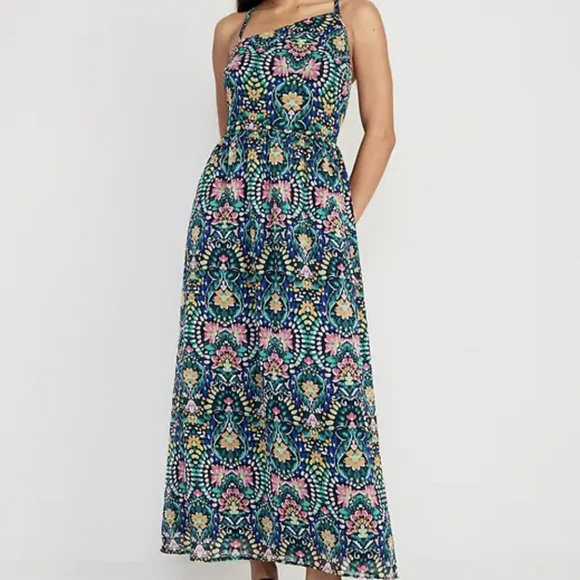 Old Navy | Dresses | Nwt Old Navy Fit Flare Asymmetrical Spaghetti Strap  Smocked Maxi Dress | Poshmark